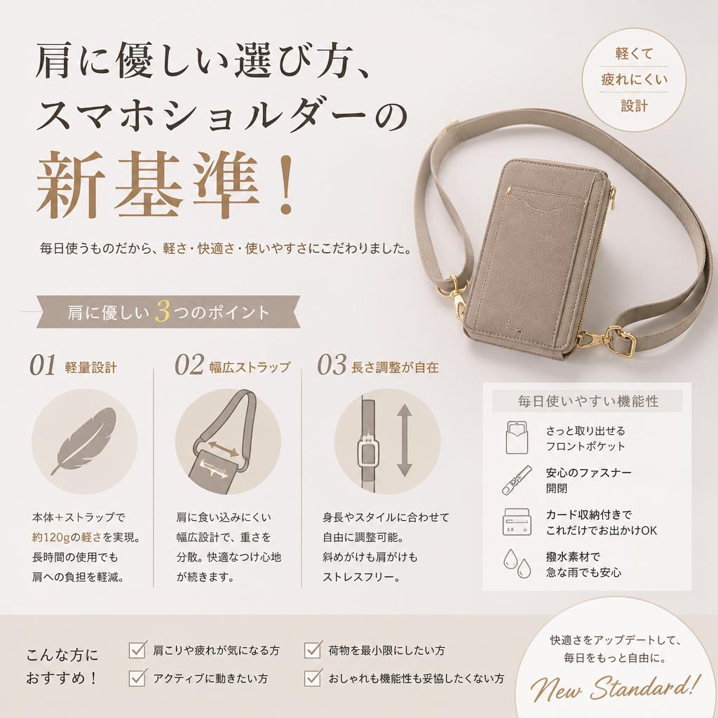 肩に優しい選び方、スマホショルダーの新基準！